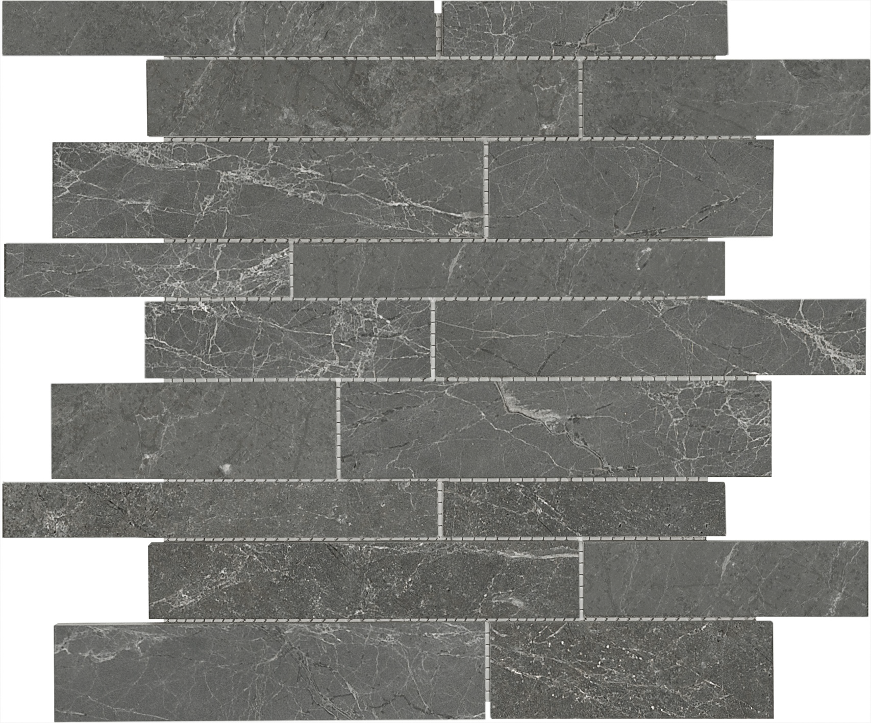 marble random strip pattern natural stone mosaic from stark carbon anatolia collection distributed by surface group international polished finish straight edge edge mesh shape
