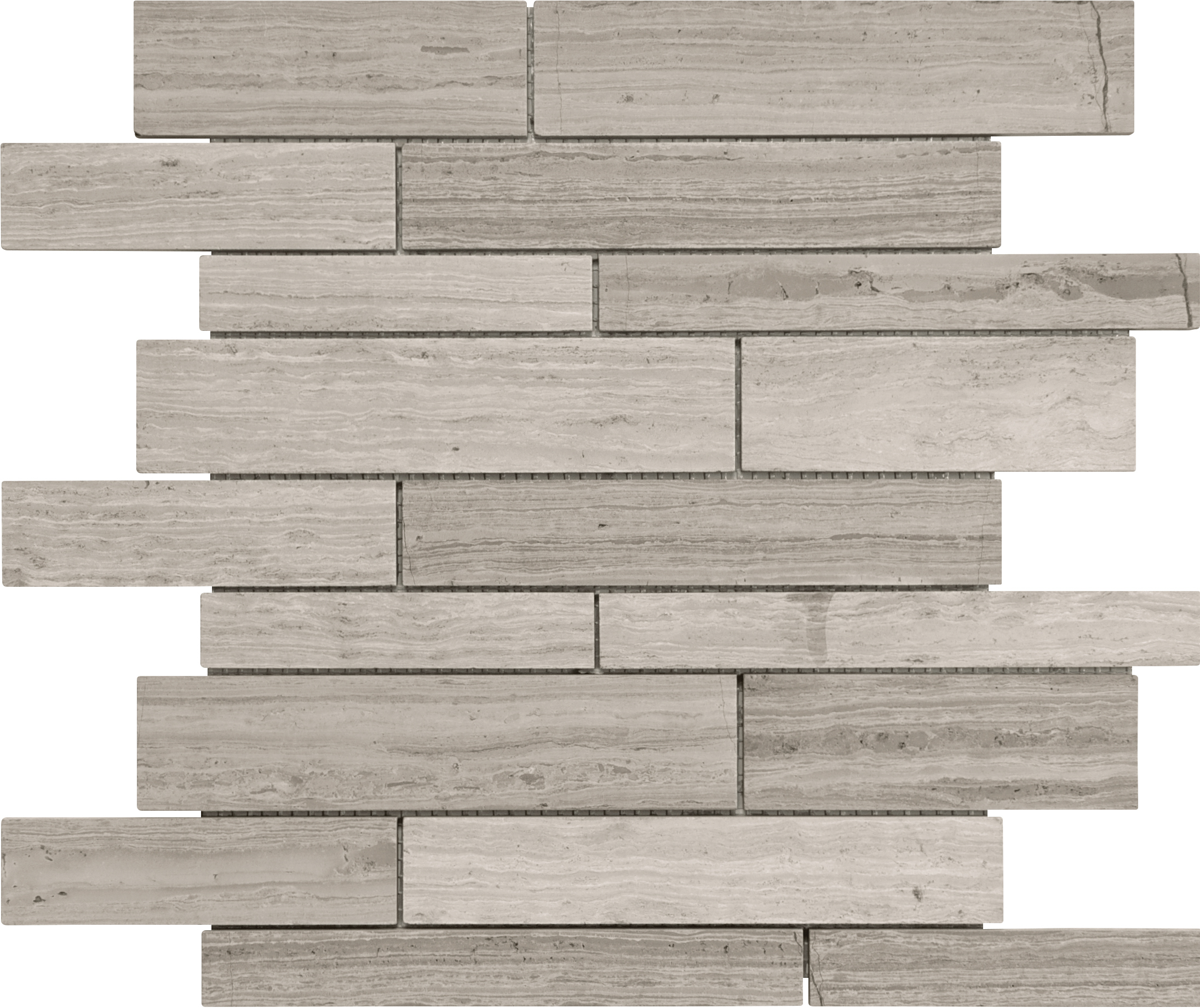 limestone random strip pattern natural stone mosaic from strada mist anatolia collection distributed by surface group international honed finish straight edge edge mesh shape