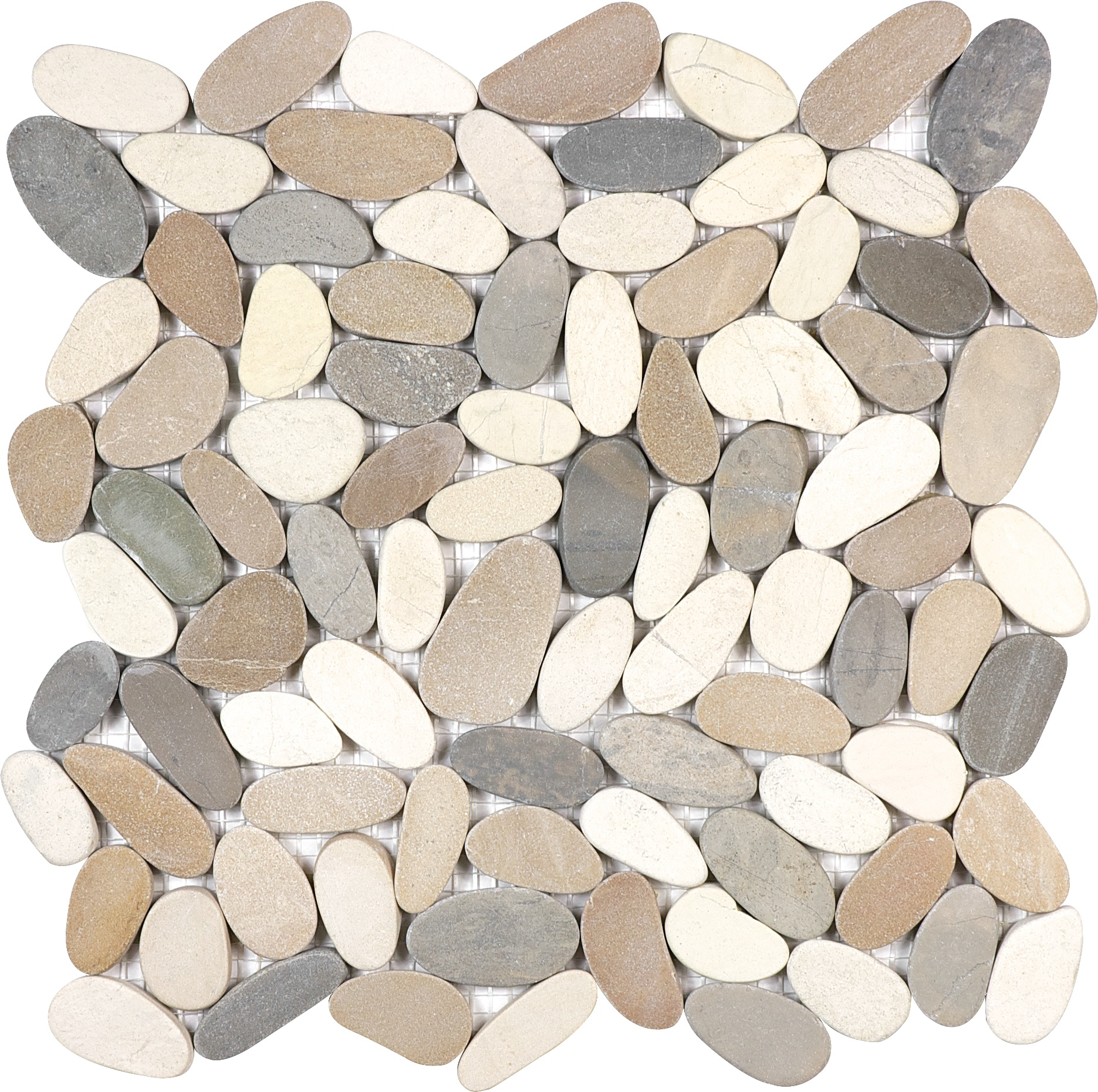 pebble harmony warm flat pebble pattern natural stone mosaic from zen anatolia collection distributed by surface group international matte finish straight edge edge mesh shape