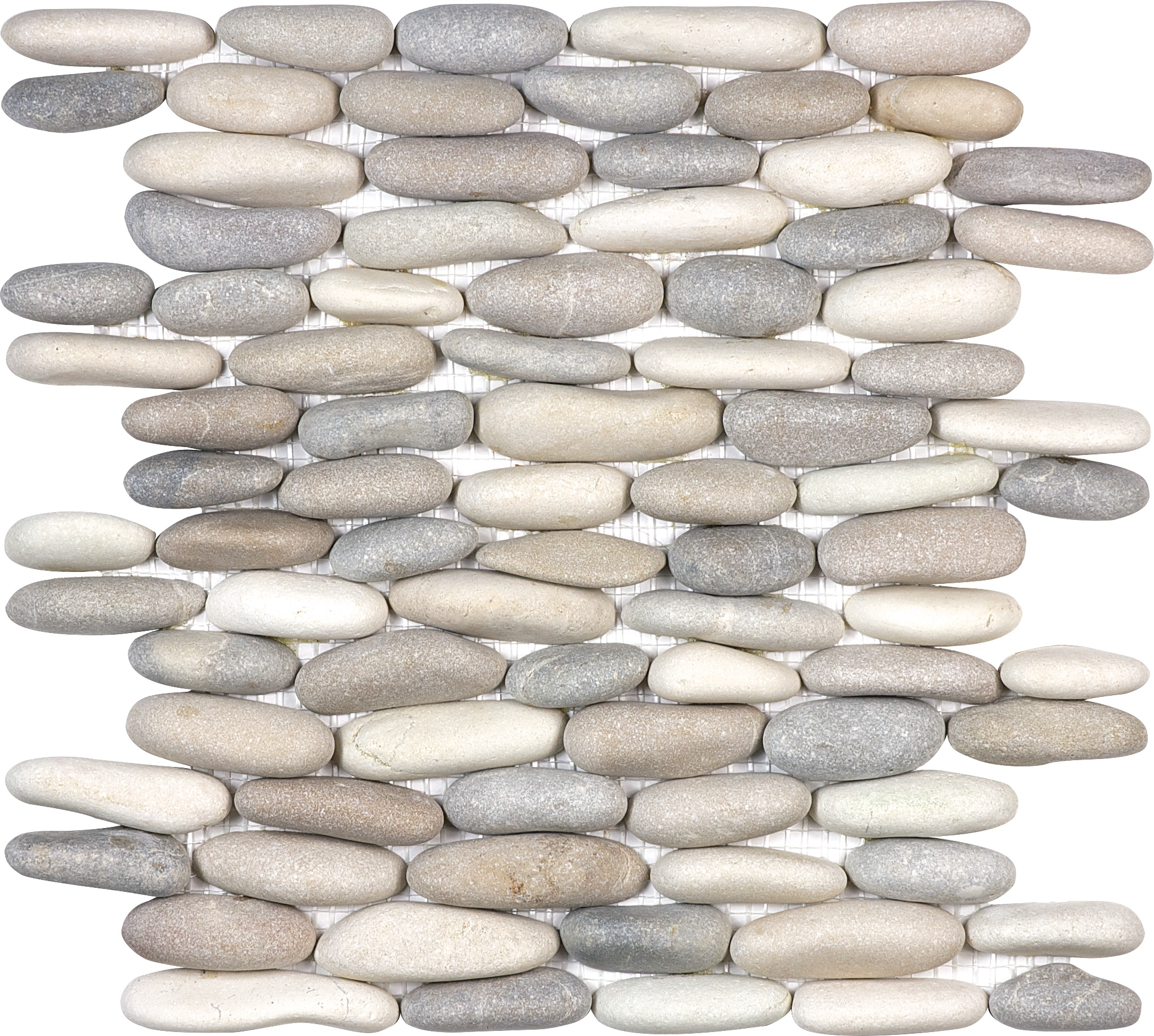 pebble harmony warm stacked pebble pattern natural stone wall mosaic stone blend blend from zen anatolia collection distributed by surface group international matte finish straight edge edge mesh shape