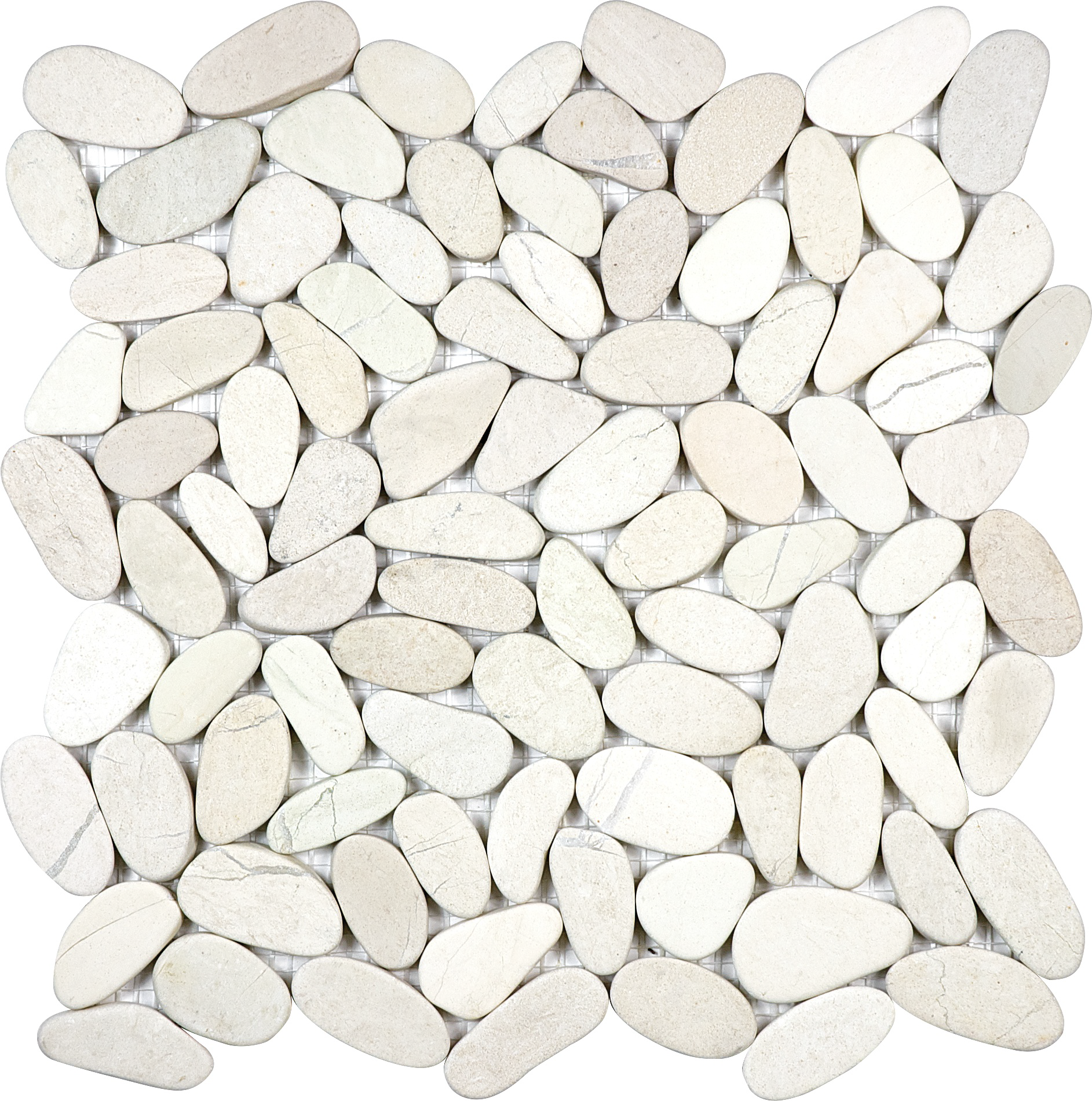 pebble serenity ivory flat pebble pattern natural stone mosaic from zen anatolia collection distributed by surface group international matte finish straight edge edge mesh shape