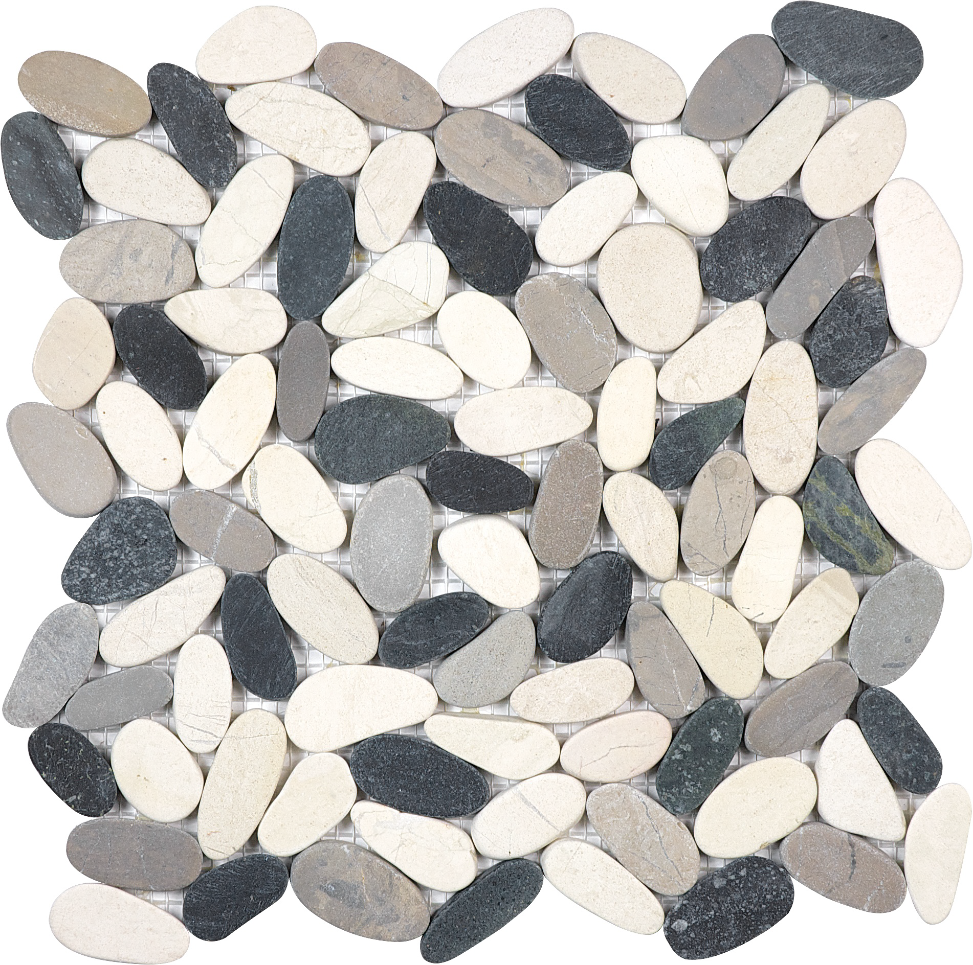 pebble tranquil cool flat pebble pattern natural stone mosaic from zen anatolia collection distributed by surface group international matte finish straight edge edge mesh shape