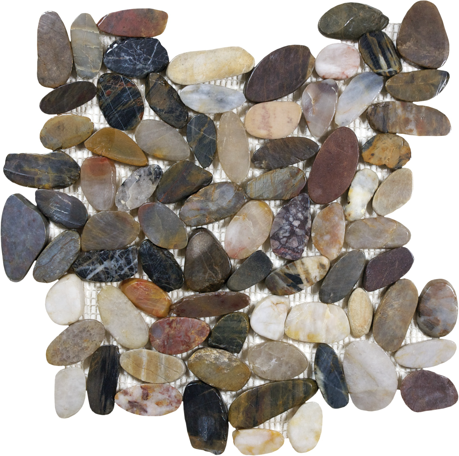 pebble bora wilderness flat pebble pattern natural stone mosaic from zen anatolia collection distributed by surface group international polished finish straight edge edge mesh shape