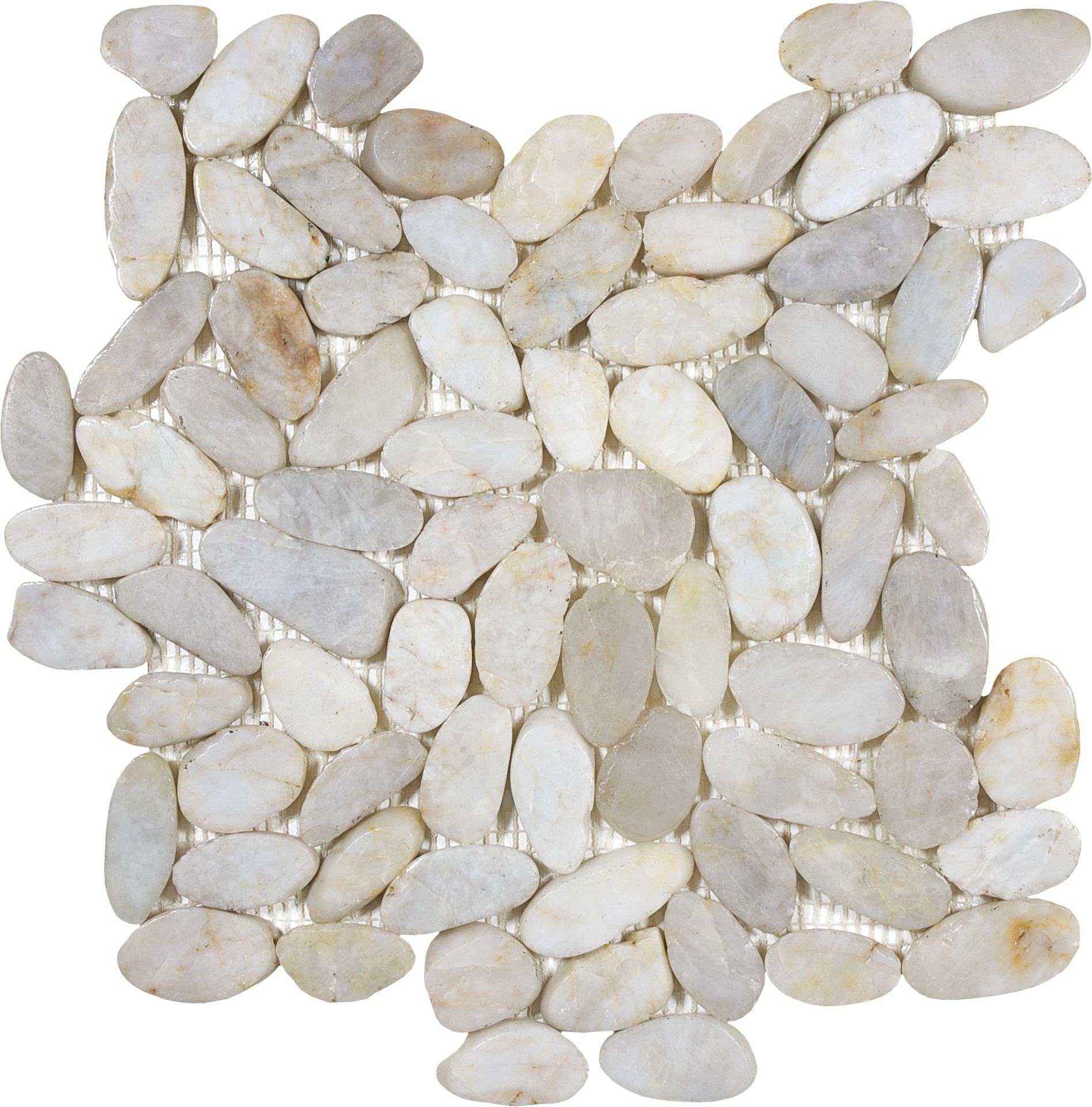 pebble fiji cream flat pebble pattern natural stone mosaic from zen anatolia collection distributed by surface group international polished finish straight edge edge mesh shape