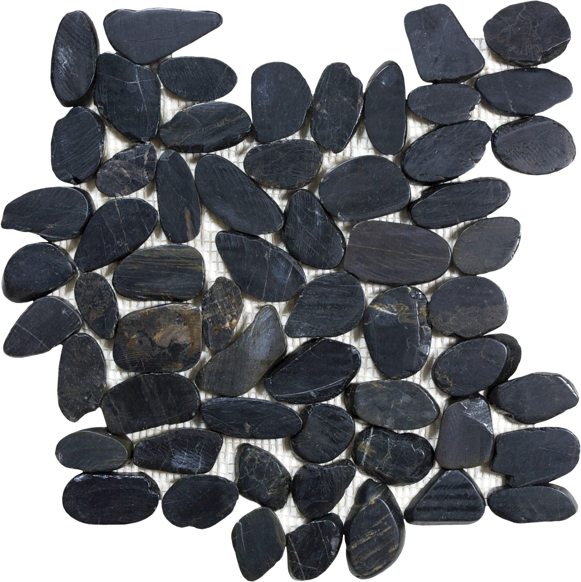 pebble tahitian black sand flat pebble pattern natural stone mosaic from zen anatolia collection distributed by surface group international polished finish straight edge edge mesh shape