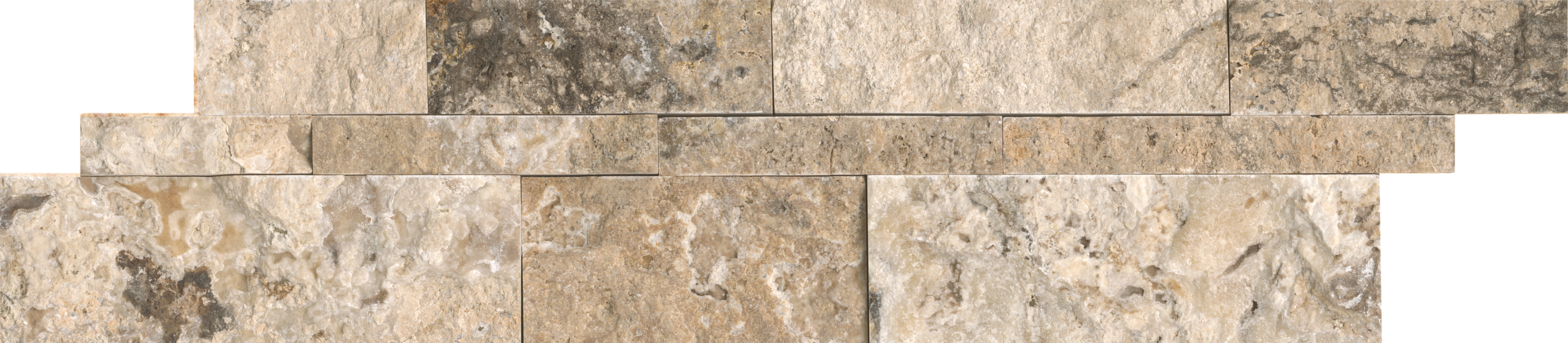 travertine picasso pattern natural stone wall panel from cubics anatolia collection distributed by surface group international split face finish straight edge edge 6x24 interlocking shape