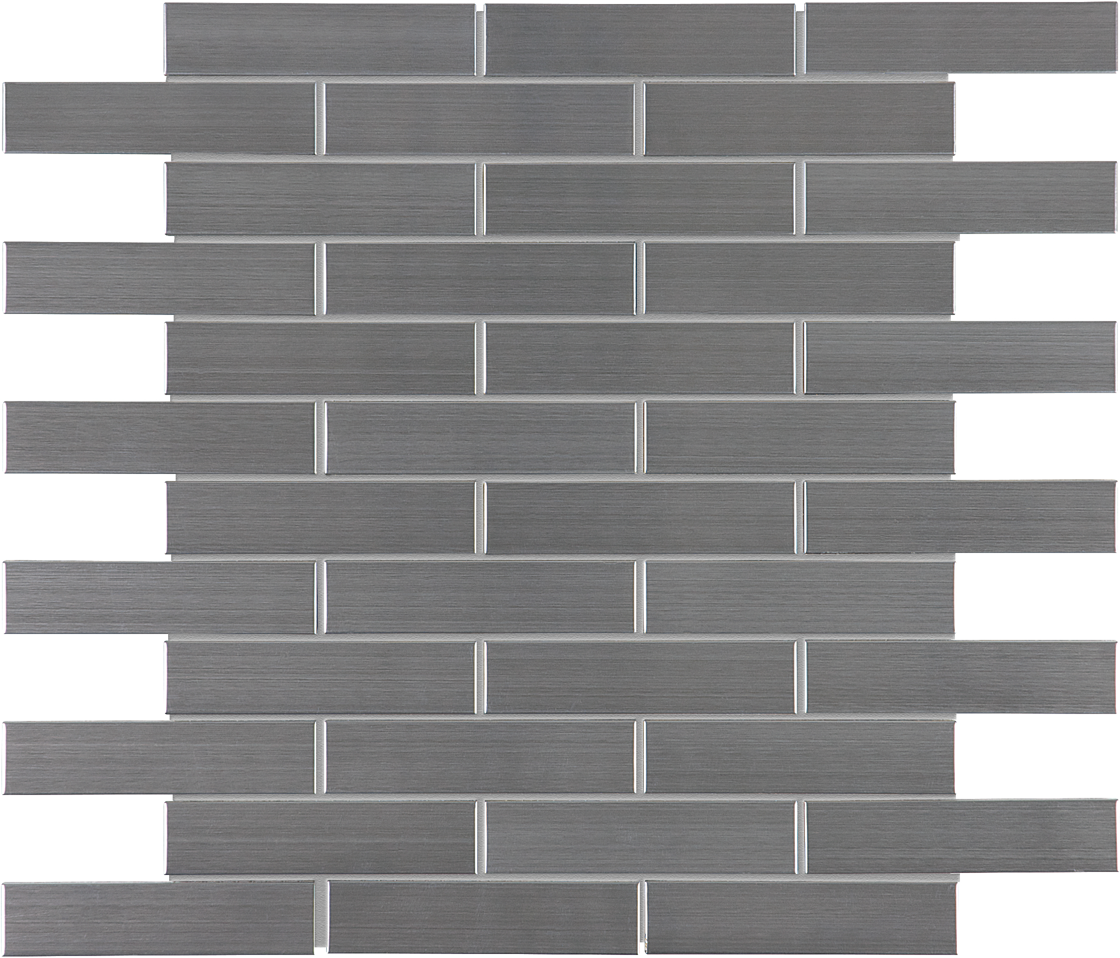 stone blend gray brick offset 1x4 pattern natural stone mosaic stone blend from stainless steel anatolia collection distributed by surface group international glossy finish straight edge edge mesh shape