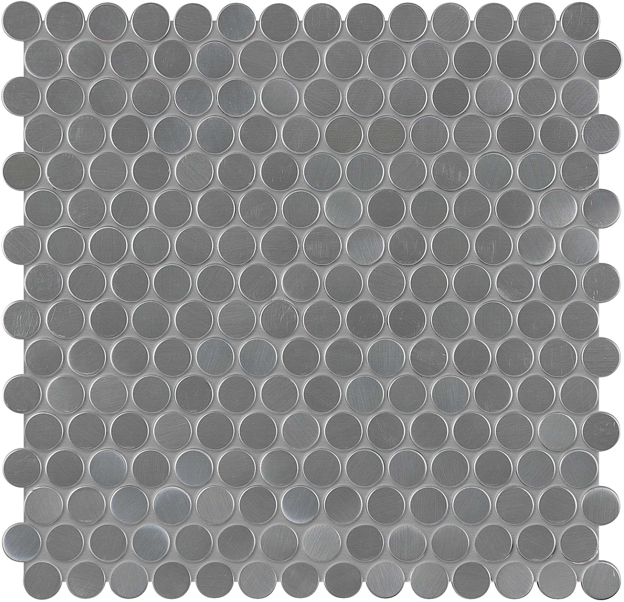 stone blend gray penny rounds pattern natural stone mosaic stone blend from stainless steel anatolia collection distributed by surface group international glossy finish straight edge edge mesh shape
