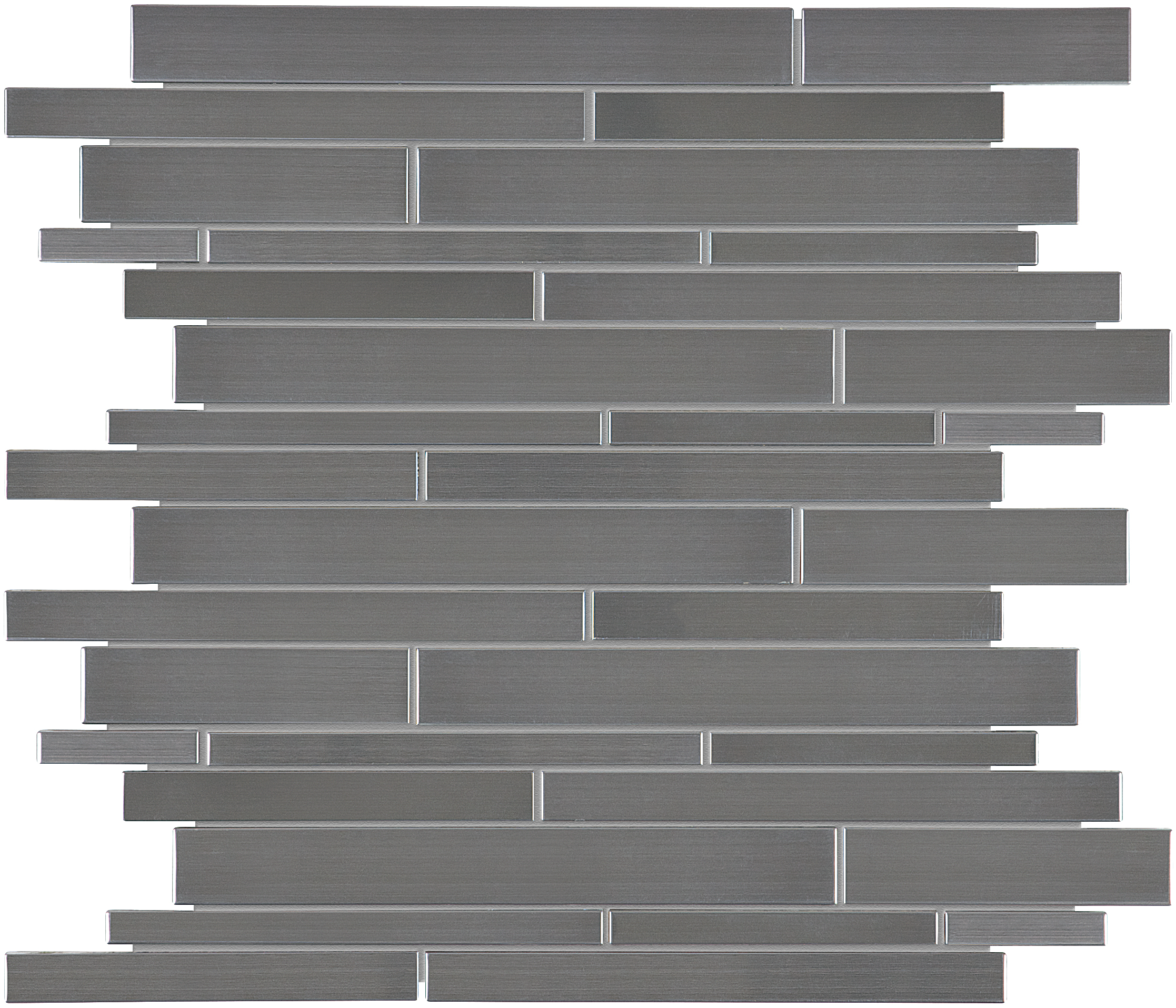 stone blend gray random strip pattern natural stone mosaic stone blend from stainless steel anatolia collection distributed by surface group international glossy finish straight edge edge mesh shape