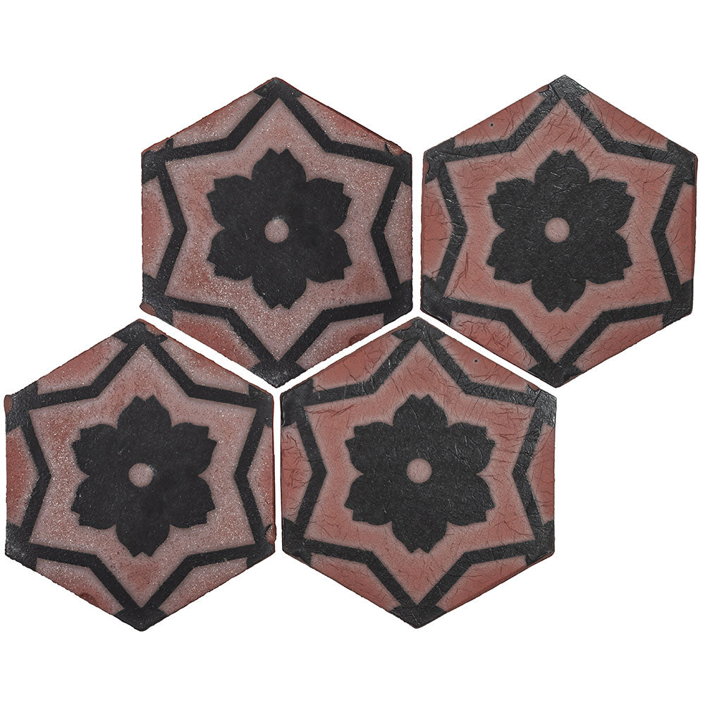 Tierra Madre 02 Studio Black Unglazed Terracotta Deco Hexagon Tile  (8-inch)
