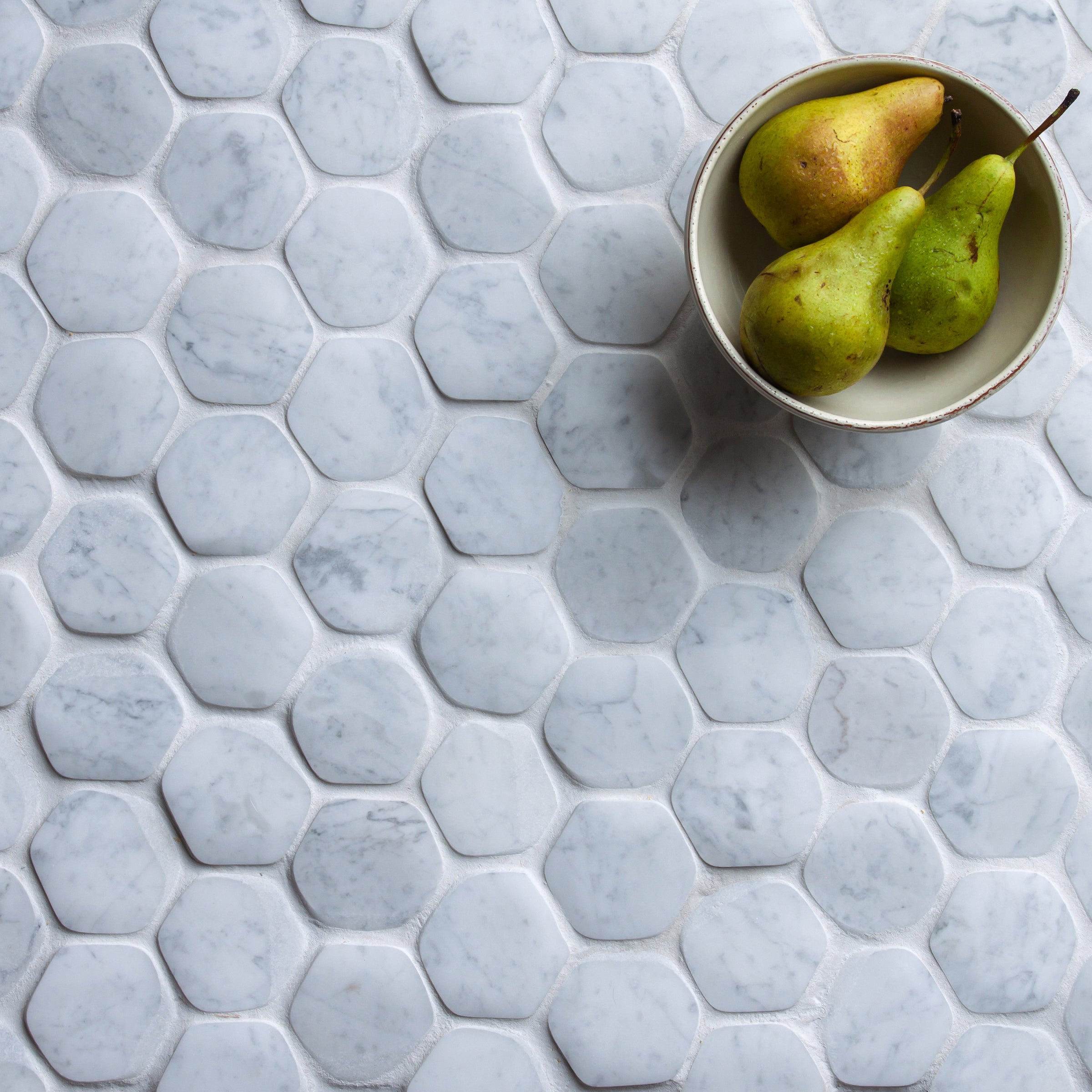 giovanni barbieri timeworn carrara natural white marble hexagon pattern mosaic distributed by surface group international