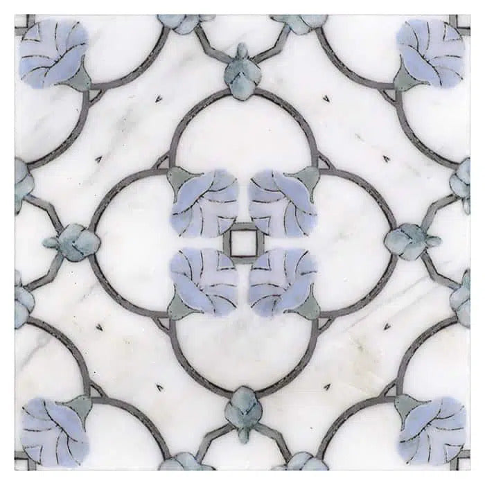 chime bluebell scallop like carrara natural marble square shape deco tile size 6 by 6 inch for interior kitchen and bathroom vanity backsplash wall and floor wet areas distributed by surface group and produced by artistic tile in united states