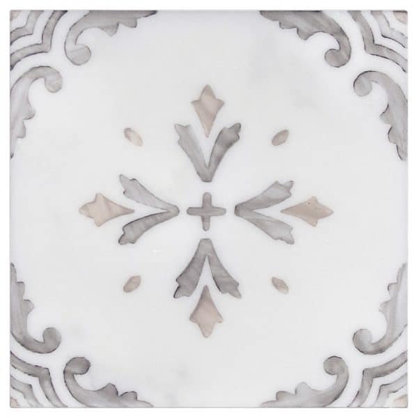 crescent gunmetal circles carrara natural marble square shape deco tile size 6 by 6 inch for interior kitchen and bathroom vanity backsplash wall and floor wet areas distributed by surface group and produced by artistic tile in united states