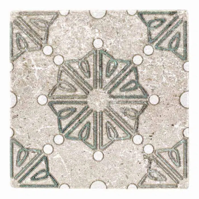 dahlia emerald bold perle blanc natural limestone square shape deco tile size 12 by 12 inch for interior kitchen and bathroom vanity backsplash wall and floor wet areas distributed by surface group and produced by artistic tile in united states