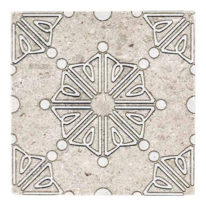 dahlia moonmist bold perle blanc natural limestone square shape deco tile size 6 by 6 inch for interior kitchen and bathroom vanity backsplash wall and floor wet areas distributed by surface group and produced by artistic tile in united states