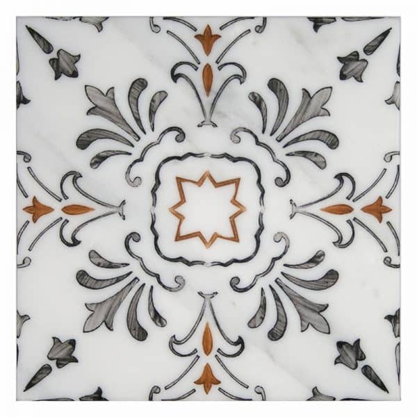 dana point persimmon hand painted look carrara natural marble square shape deco tile size 12 by 12 inch for interior kitchen and bathroom vanity backsplash wall and floor wet areas distributed by surface group and produced by artistic tile in united states