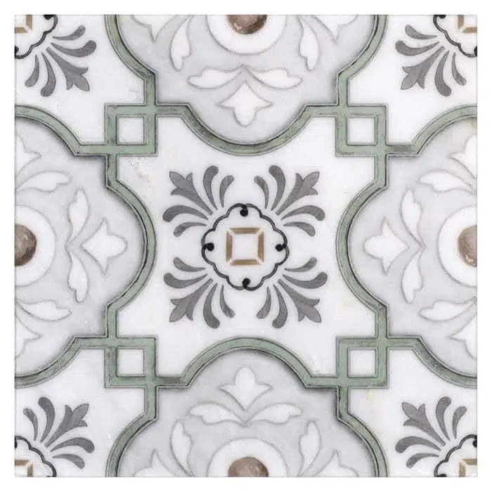 davenport french green intricate perle blanc natural limestone square shape deco tile size 12 by 12 inch for interior kitchen and bathroom vanity backsplash wall and floor wet areas distributed by surface group and produced by artistic tile in united states
