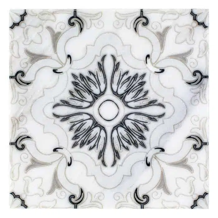 dulcet black big punch carrara natural marble square shape deco tile size 6 by 6 inch for interior kitchen and bathroom vanity backsplash wall and floor wet areas distributed by surface group and produced by artistic tile in united states