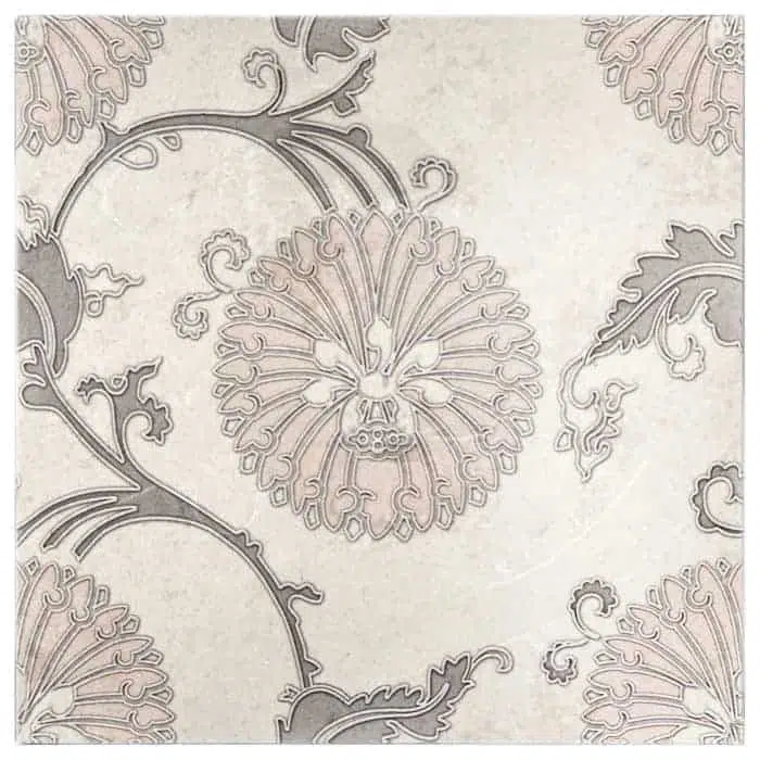 eliana pink grey dangelion flowers carrara natural marble square shape deco tile size 12 by 12 inch for interior kitchen and bathroom vanity backsplash wall and floor wet areas distributed by surface group and produced by artistic tile in united states