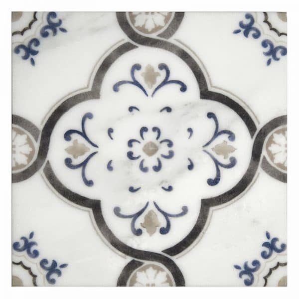 fiore obsidian soothing design carrara natural marble square shape deco tile size 12 by 12 inch for interior kitchen and bathroom vanity backsplash wall and floor wet areas distributed by surface group and produced by artistic tile in united states