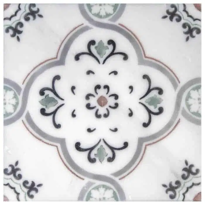fiore sage soothing design perle blanc natural limestone square shape deco tile size 6 by 6 inch for interior kitchen and bathroom vanity backsplash wall and floor wet areas distributed by surface group and produced by artistic tile in united states