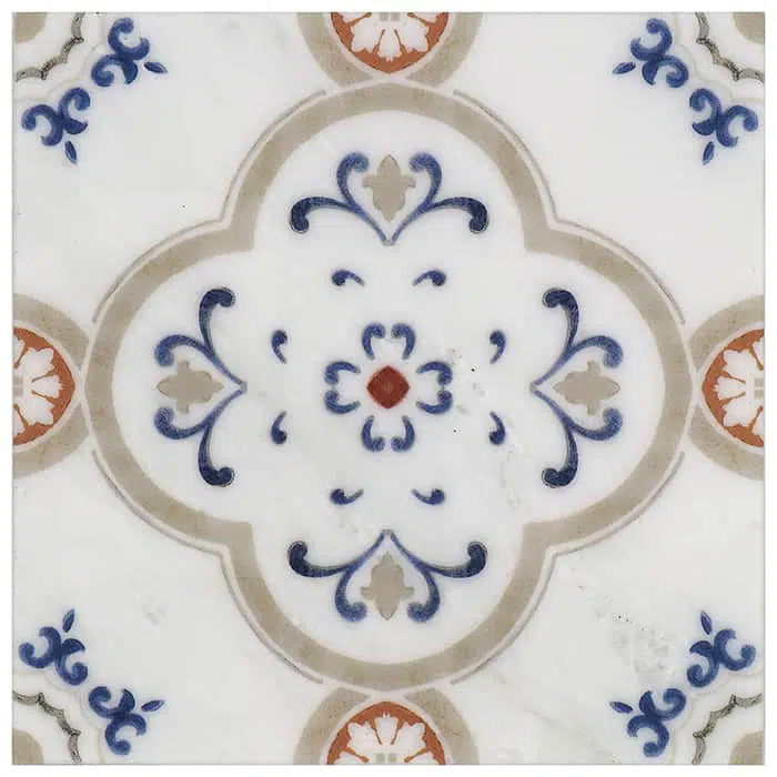 fiore vermilion strong outlines perle blanc natural limestone square shape deco tile size 6 by 6 inch for interior kitchen and bathroom vanity backsplash wall and floor wet areas distributed by surface group and produced by artistic tile in united states