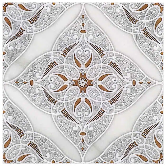granada clay intricate carrara natural marble square shape deco tile size 12 by 12 inch for interior kitchen and bathroom vanity backsplash wall and floor wet areas distributed by surface group and produced by artistic tile in united states
