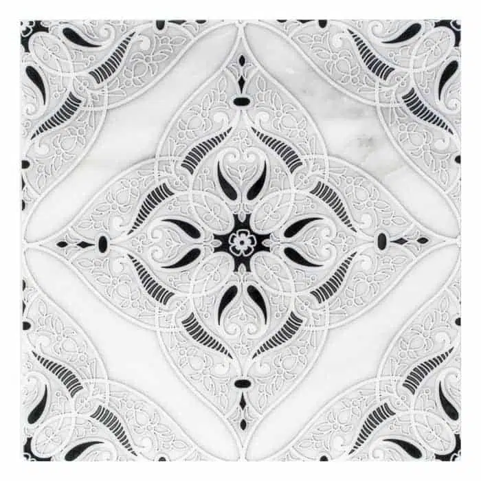 granada coal intricate perle blanc natural limestone square shape deco tile size 12 by 12 inch for interior kitchen and bathroom vanity backsplash wall and floor wet areas distributed by surface group and produced by artistic tile in united states