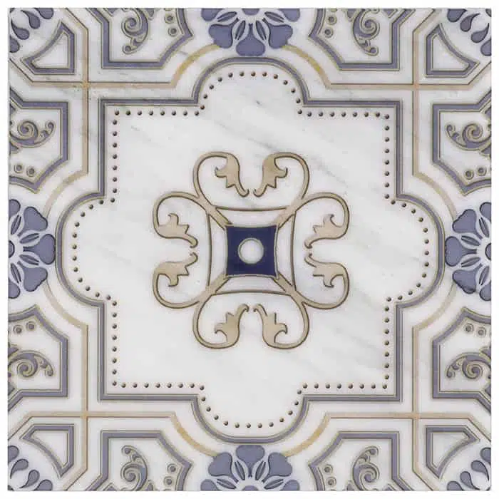 harlan blue interplay perle blanc natural limestone square shape deco tile size 12 by 12 inch for interior kitchen and bathroom vanity backsplash wall and floor wet areas distributed by surface group and produced by artistic tile in united states