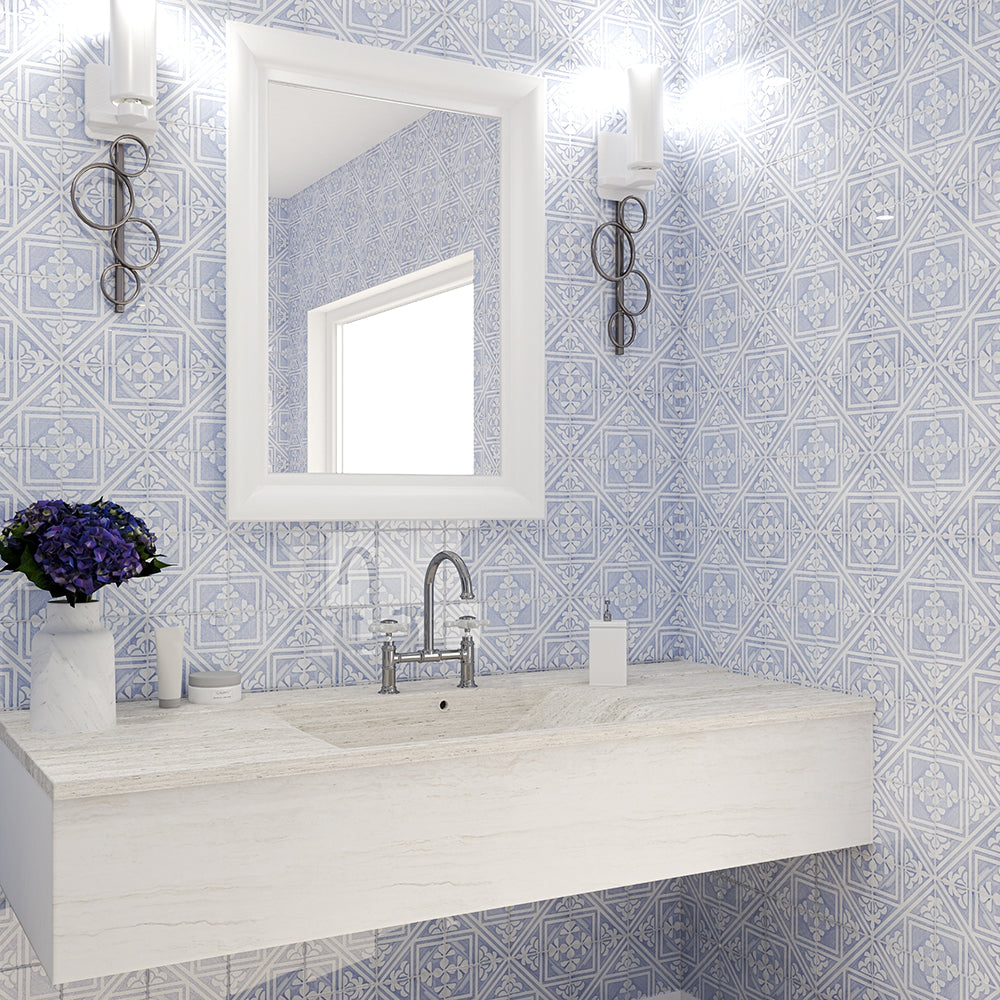 antiqued mallorca collection indigo wash manorca color terracotta deco tile  size 6 inch by 6 inch for indoor installation backsplash in kitchen or bathroom vanity distributed by surface group and produced by marble systems