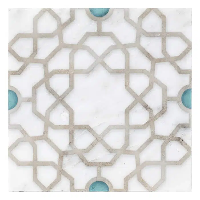 medina torquoise arabic perle blanc natural limestone square shape deco tile size 12 by 12 inch for interior kitchen and bathroom vanity backsplash wall and floor wet areas distributed by surface group and produced by artistic tile in united states