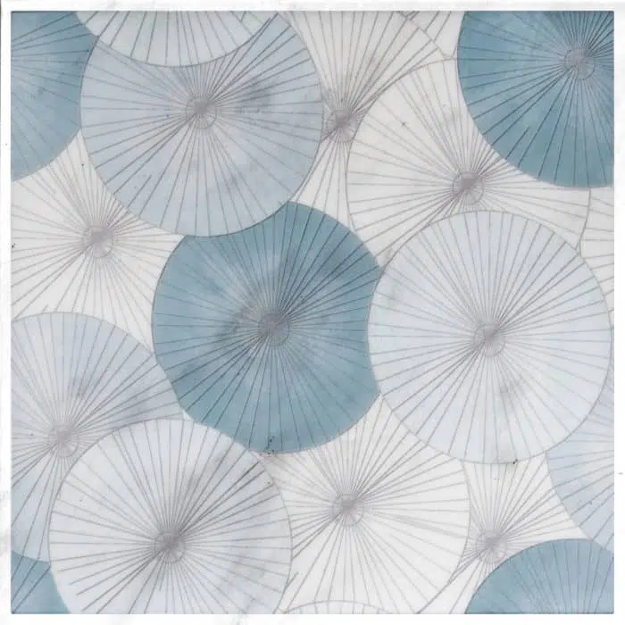 parasol teal japaneese garden perle blanc natural limestone square shape deco tile size 6 by 6 inch for interior kitchen and bathroom vanity backsplash wall and floor wet areas distributed by surface group and produced by artistic tile in united states