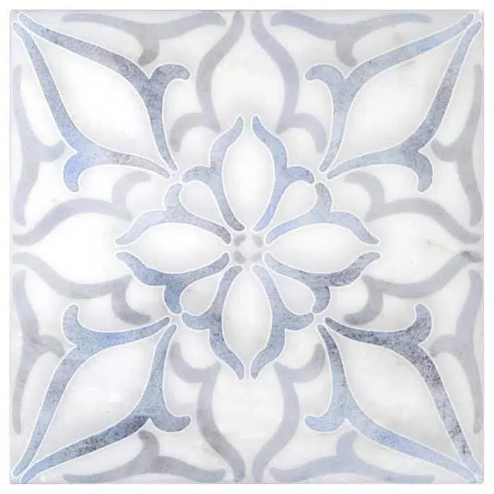 petals blue 3d carrara natural marble square shape deco tile size 12 by 12 inch for interior kitchen and bathroom vanity backsplash wall and floor wet areas distributed by surface group and produced by artistic tile in united states