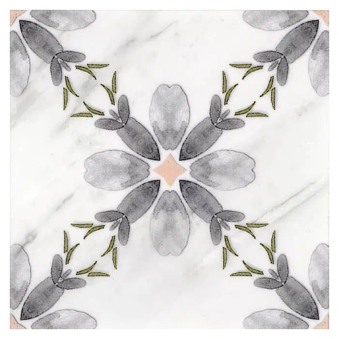 primrose cinder grey diamond carrara natural marble square shape deco tile size 12 by 12 inch for interior kitchen and bathroom vanity backsplash wall and floor wet areas distributed by surface group and produced by artistic tile in united states