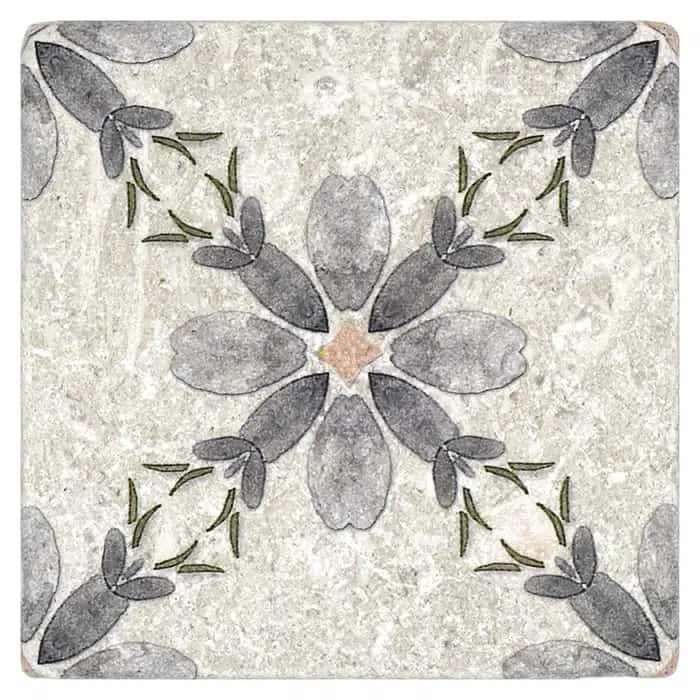 primrose cinder grey spring blooms perle blanc natural limestone square shape deco tile size 12 by 12 inch for interior kitchen and bathroom vanity backsplash wall and floor wet areas distributed by surface group and produced by artistic tile in united states