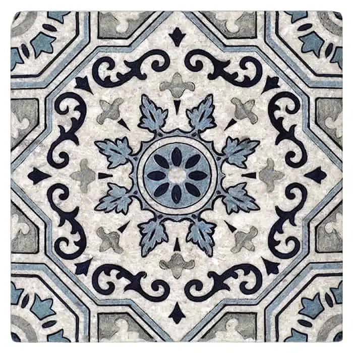 sanza snowflake blue tumbled perle blanc natural limestone square shape deco tile size 12 by 12 inch for interior kitchen and bathroom vanity backsplash wall and floor wet areas distributed by surface group and produced by artistic tile in united states