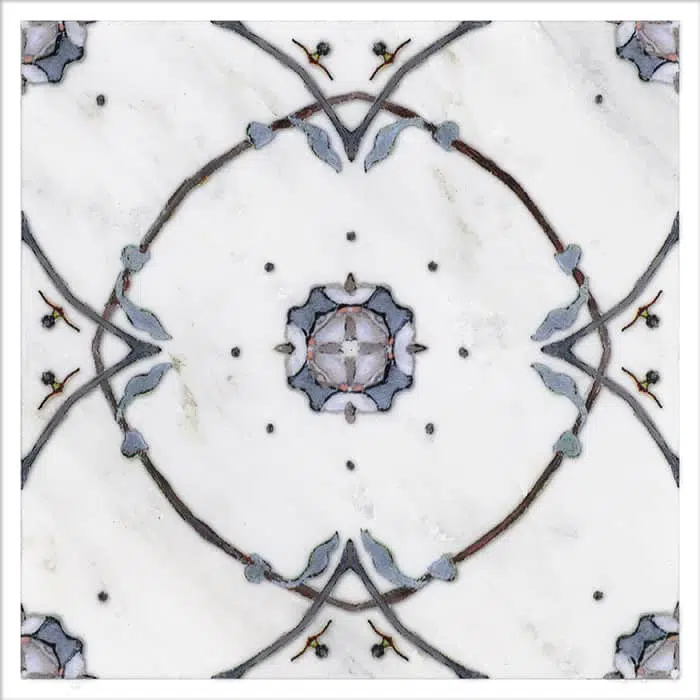 stella true blue circular perle blanc natural limestone square shape deco tile size 12 by 12 inch for interior kitchen and bathroom vanity backsplash wall and floor wet areas distributed by surface group and produced by artistic tile in united states