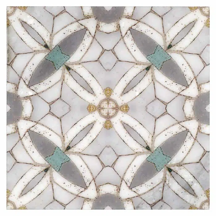 trinity day symmetrical perle blanc natural limestone square shape deco tile size 12 by 12 inch for interior kitchen and bathroom vanity backsplash wall and floor wet areas distributed by surface group and produced by artistic tile in united states