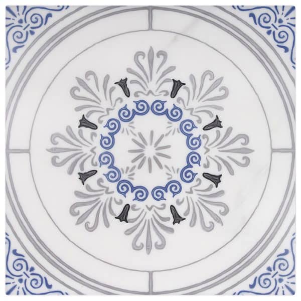 vecina deep blue detailed carrara natural marble square shape deco tile size 12 by 12 inch for interior kitchen and bathroom vanity backsplash wall and floor wet areas distributed by surface group and produced by artistic tile in united states